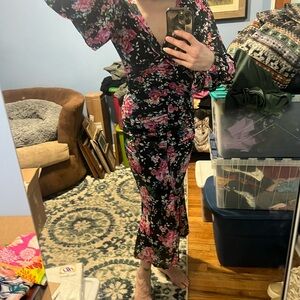 Guess Floral Ruched Midi Dress with Pink Roses